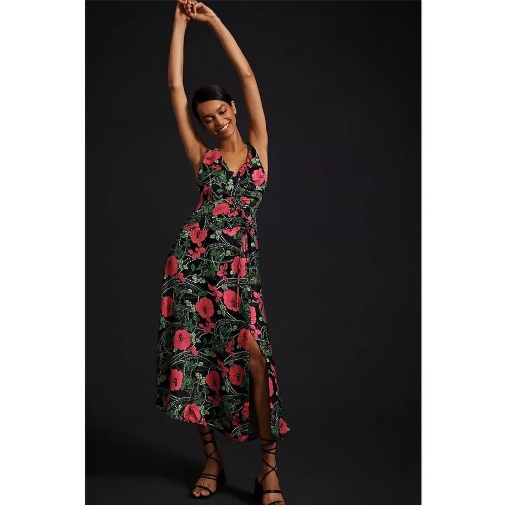NEW! Anthropologie Maeve V-Neck Midi Dress Slit Sleeveless Summer Roses